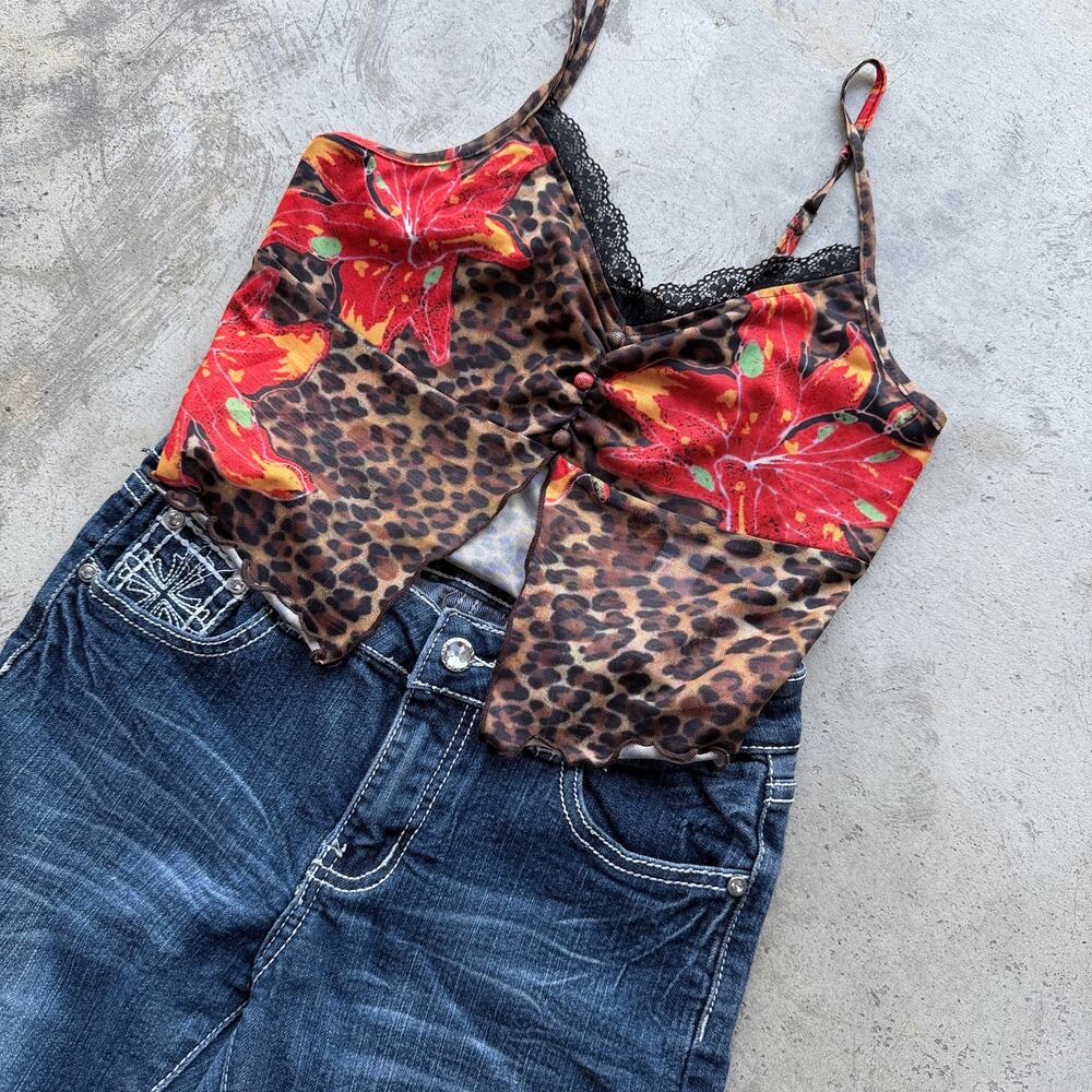 Vintage Y2K Cider Mesh Cami Cheetah Floral Lace Tank Top S